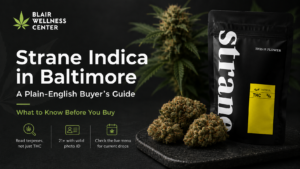 Promotional blog graphic for Blair Wellness Center featuring the headline “Strane Indica in Baltimore: A Plain-English Buyer’s Guide” on a dark background. On the right, a black Strane flower pouch with a yellow indica label stands behind several cannabis buds on a black stone tray, with a blurred cannabis plant in the background. Along the bottom are icons highlighting key buying tips: read terpenes, bring valid 21+ photo ID, and check the live menu for current drops.